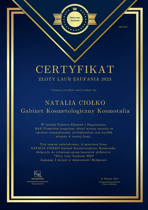 Certyfikat złoty Laur Zaufania 2023